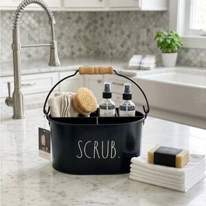 Rae Dunn Black 'SCRUB' Metal Organizer Storage Caddy with Wooden Handle Basket